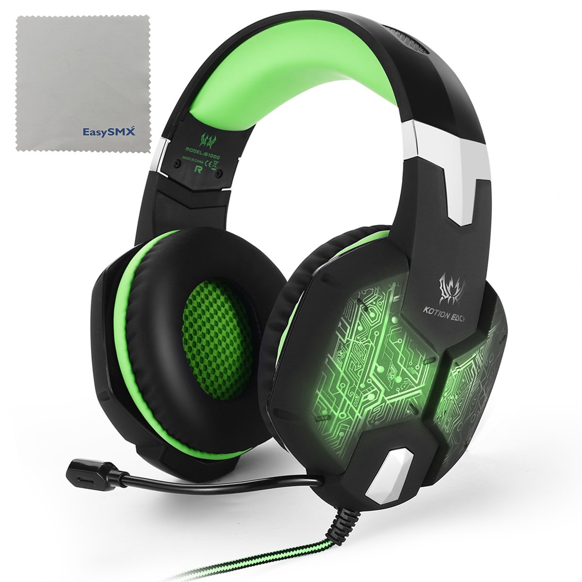 EasySMX Color-Changing Breathing LED Light Wired Gaming Headset PC Headset with Microphone 3.5mm Stereo Over-ear Headphones for PC Laptop Computer Volume Control One-key Mute (Black and Green)