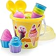 Top Race Beach Toys Set with Large 9'' Bucket Pail and Spade Scoop Shovels for Kids | 16pcs Yellow Ice Cream Playset for Kids