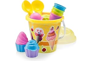 Top Race Beach Toys Set with Large 9'' Bucket Pail and Spade Scoop Shovels for Kids | 16pcs Yellow Ice Cream Playset for Kids & Toddlers Ages 1.5,2,3,4,5,6,7,8,9 | Great Sand Toys for Outdoor Sandbox