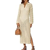Saodimallsu Womens Crochet Swimsuit Cover Up V Neck Collared Long Sleeve Mesh Knit Long Beach Coverup Maxi Dress