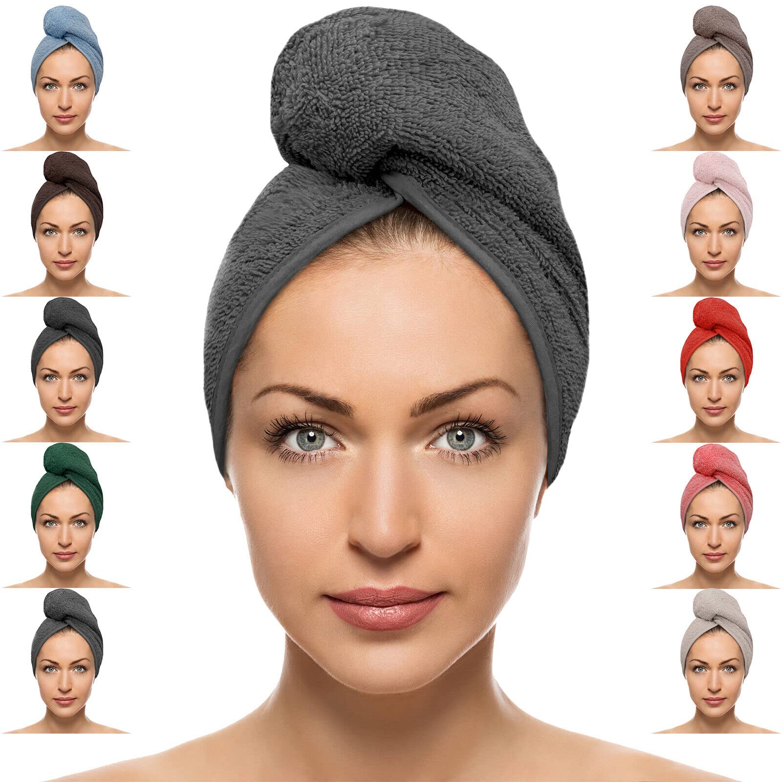 FAB-ON UK Hair Dry Towel 100% Cotton Turban Style Instant Drying Quick Absorbent Lightweight Button & Loop Closure One Size Hair Dry Cap For Curly Long Hair 64x24 CM