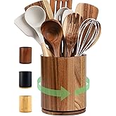 gorsent Wooden Utensil Holder, 360°Rotating 7.3'' Large Utensil Holder for Kitchen Counter, Kitchen Utensil Organizer, Utensil Crock, Farmhouse Kitchens Countertop Decor, Acacia Wood