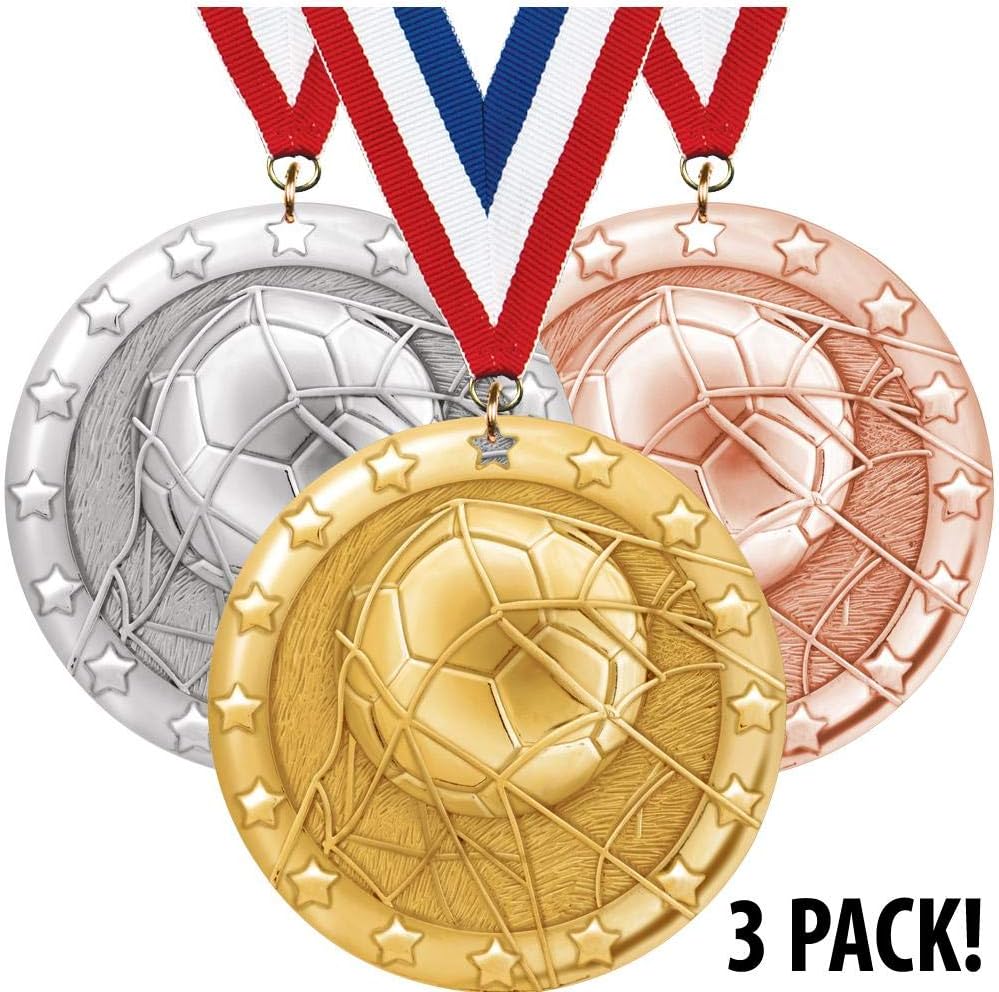 Crown Awards 2" Soccer Medals, 3D Gold, Silver, and Bronze