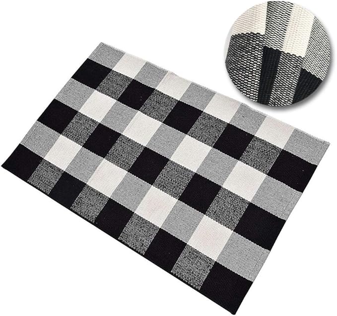 Black/White Plaid Rugs Buffalo Checkered Washable Cotton Throw Rugs HandWoven Door Mat/Carpet