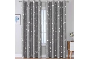 WUBODTI Gray Room Darkening Kids Curtains 84 Inches Long 2 Panels, Sparkly Silver Star and Moon Semi Blackout Nursery Curtain Grommet Window Drapes for Boys Bedroom Living Room, 42 x 84 Inches Long
