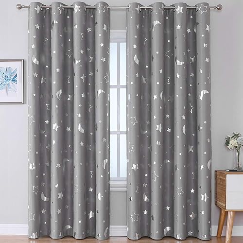 WUBODTI Gray Blackout Curtains Drapes 84 Inch Length for Living Room Bedroom Nursery, Silver Foil Moon and Star Soundproof Window Curtains 2 Panel Sets, 52 x84 Inch