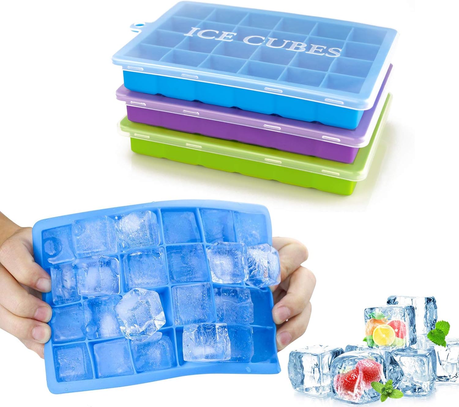Morfone Eiswürfelform,3 Stück Silikon Eiswuerfel Form Eiswuerfelbehaelter Mit Deckel Ice Cube Tray, Eiswürfelformen Eiswürfel Form, LFGB Zertifiziert, 24-Fach
