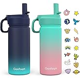 Kids Water Bottle, 2-Pack 16oz Water Bottles with Stickers and Straw, Stainless Steel Vacuum Insulated cup, Kids Water Bottle for School, Gifts for Boys and Girls(Blue/Green)
