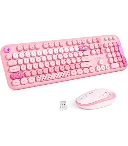 MOFII Set Tastiera E Mouse Wireless - Design Retrò Macchina Da Scrivere Rosa, Mouse Silenzioso 3 DPI - 3
