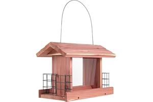 MHHO-WG USA Cedar Bird Feeder ，Wood Bird Feeder Garden Roof Feeder with Double Suet Holder and Double Plastic Window