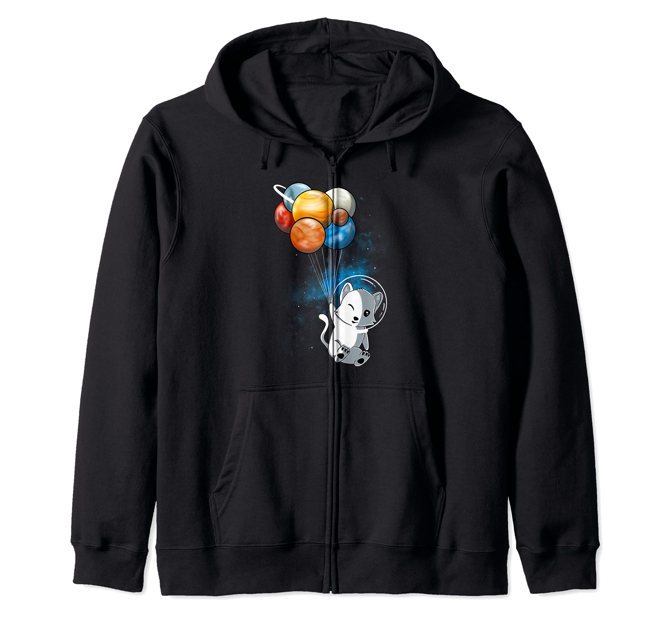 Funny Outer Space Cat Balloon Planets Space Travel Universe Zip Hoodie