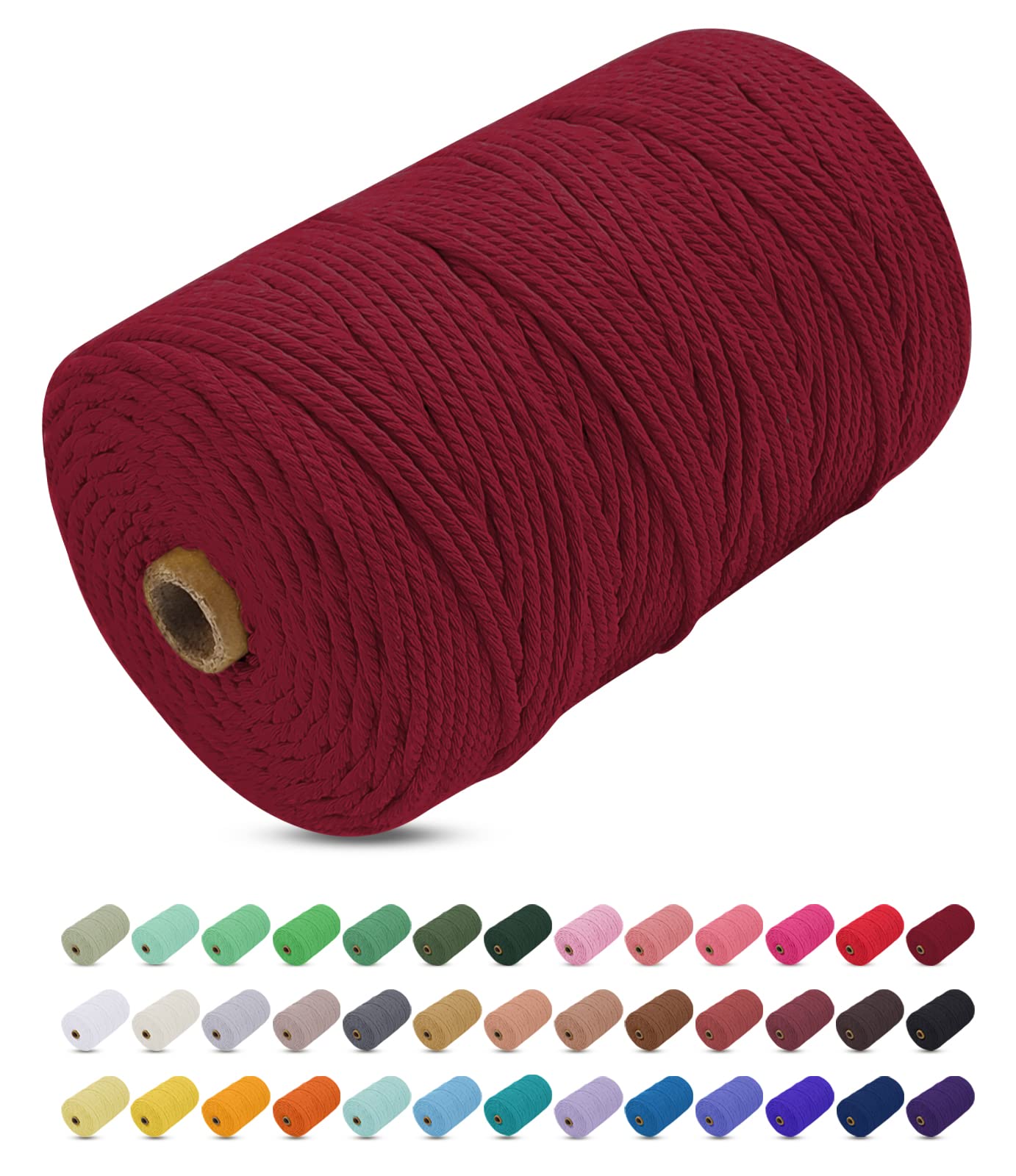 Uiopa Macrame Cord 3mm x 200m, Thick Rope Yarn Natural Cotton Cord, 4-Ply Macrame String for DIY Crafts, Plant Hangers, Wall Hangings, Decorations (Wine red)