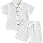 Hoanselay Baby Boy Cotton Linen Shorts Set Solid Color Short Sleeve Button Down T-Shirt Tops and Shorts Summer Outfit Clothes