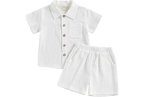 Hoanselay Baby Boy Cotton Linen Shorts Set Solid Color Short Sleeve Button Down T-Shirt Tops and Shorts Summer Outfit Clothes