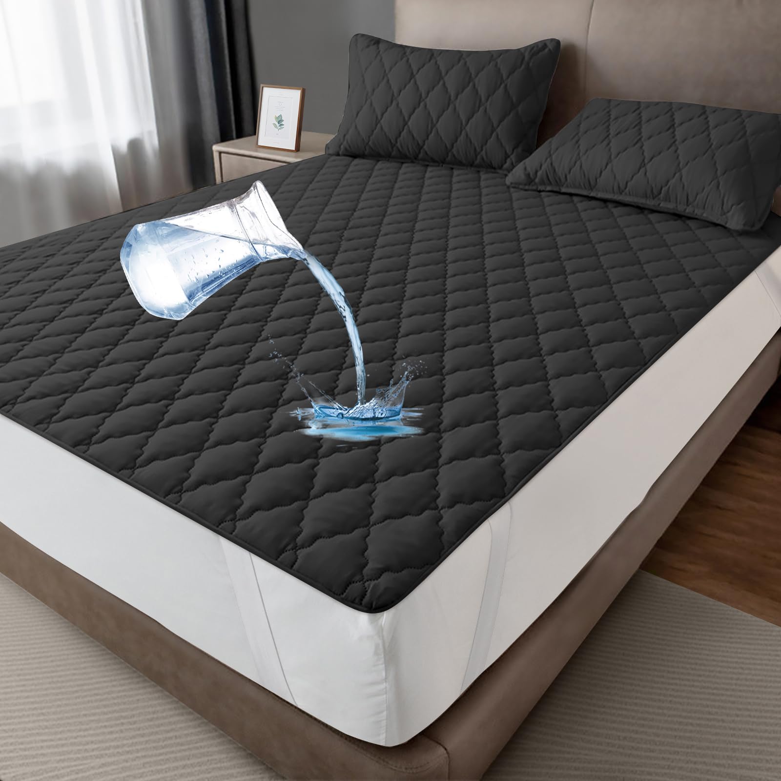 mafudoxi Waterproof Mattress Protector, 160 x 200 cm, Breathable Mattress Topper, Microfibre Mattress Cover, Waterproof Mattress Protector, Incontinence Pad, Washable, Black