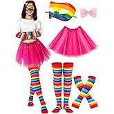 Skicuff 5 Pcs Halloween Book Character Costume Rainbow Stripes Costume Accessories Thigh High Socks Gloves Pink Tutu Skirt and Bow Hair Clip Mask for Women Cosplay Party