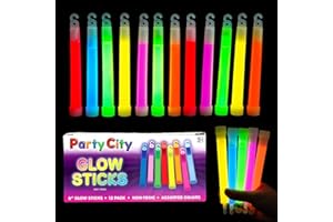 Party City Multicolor Glow Sticks Bulk Pack 6”- 12pk Glow in the Dark Sticks for Kids, Waterproof Camping Survival Ultra Bright Emergency Light Stick with String, Neon Glowsticks Party Supplies Favors