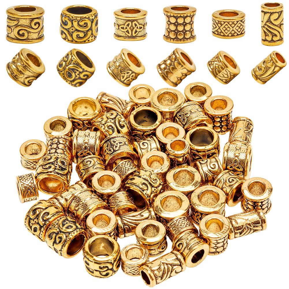 SOFPLATE 1 Box 60pcs Alloy Large Hole Spacer Beads Tibetan Spacer Beads Gold Antique Golden European Rondelle Round Metal Tube Hollow Column Bead Bulk for jewellery Making Women DIY Crafts Accessories
