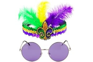 SUNNYPRO Mardi Gras Accessories Feather Sequin Fascinator Headband and Purple Sunglasses