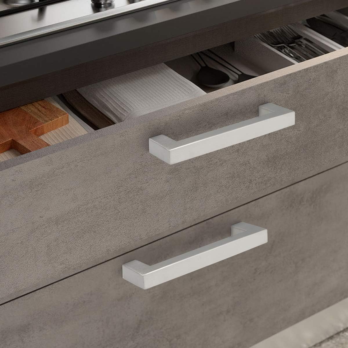 PinLin 5 Pack Kitchen Cabinet Door Handles Stainless Steel Bedroom Drawer Cupboard Pulls Hole Centre 96mm Width 12mm Brushed Steel Square T Bar Handle - Image 4