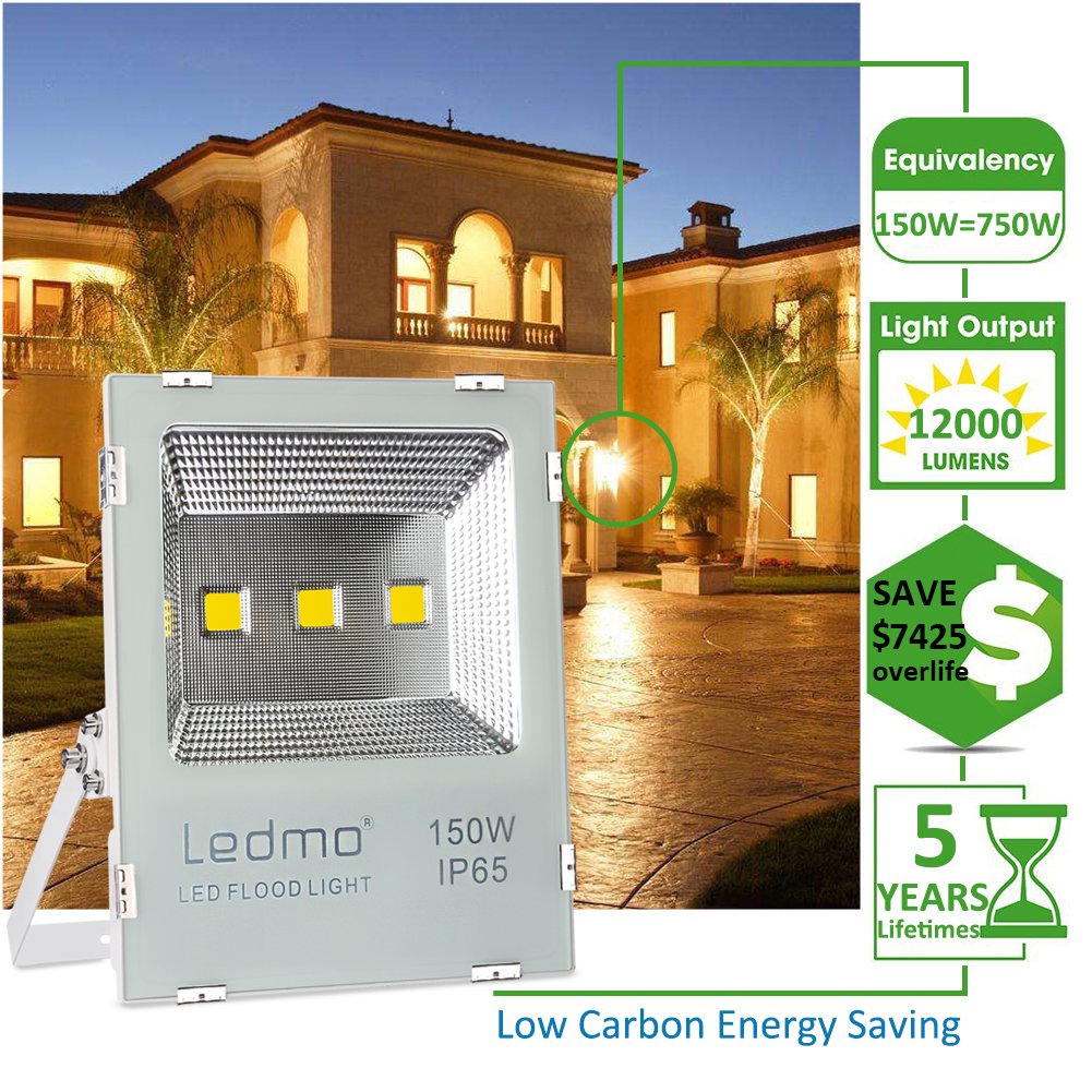 LEDMO 150W LED Flood Light Outdoor, NEW VERSION 750W Equivalent Waterproof IP65 85-265v Instant On UL and DLC 12000Lm, 3000K, Outdoor Floodlight for Garage, Garden, Lawn and Yard