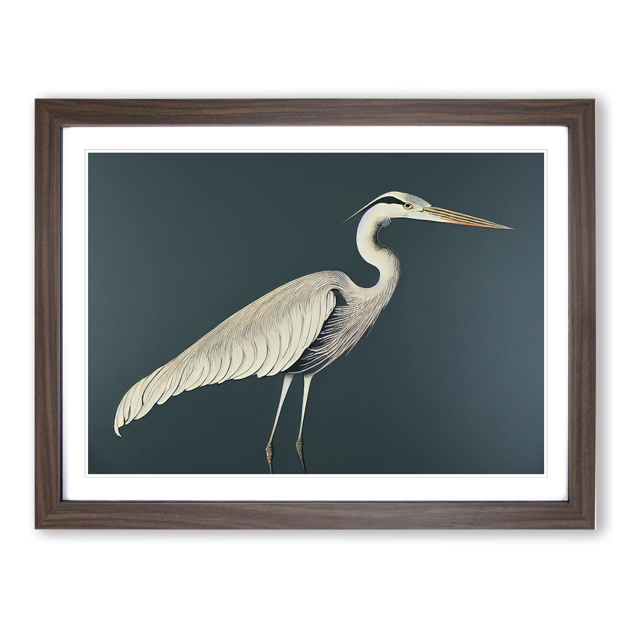 Divine Heron Bird Framed Print | A4 Walnut Framed Wall Art | Ready to Hang | Modern Animal Picture | Living Room Bedroom Lounge Office