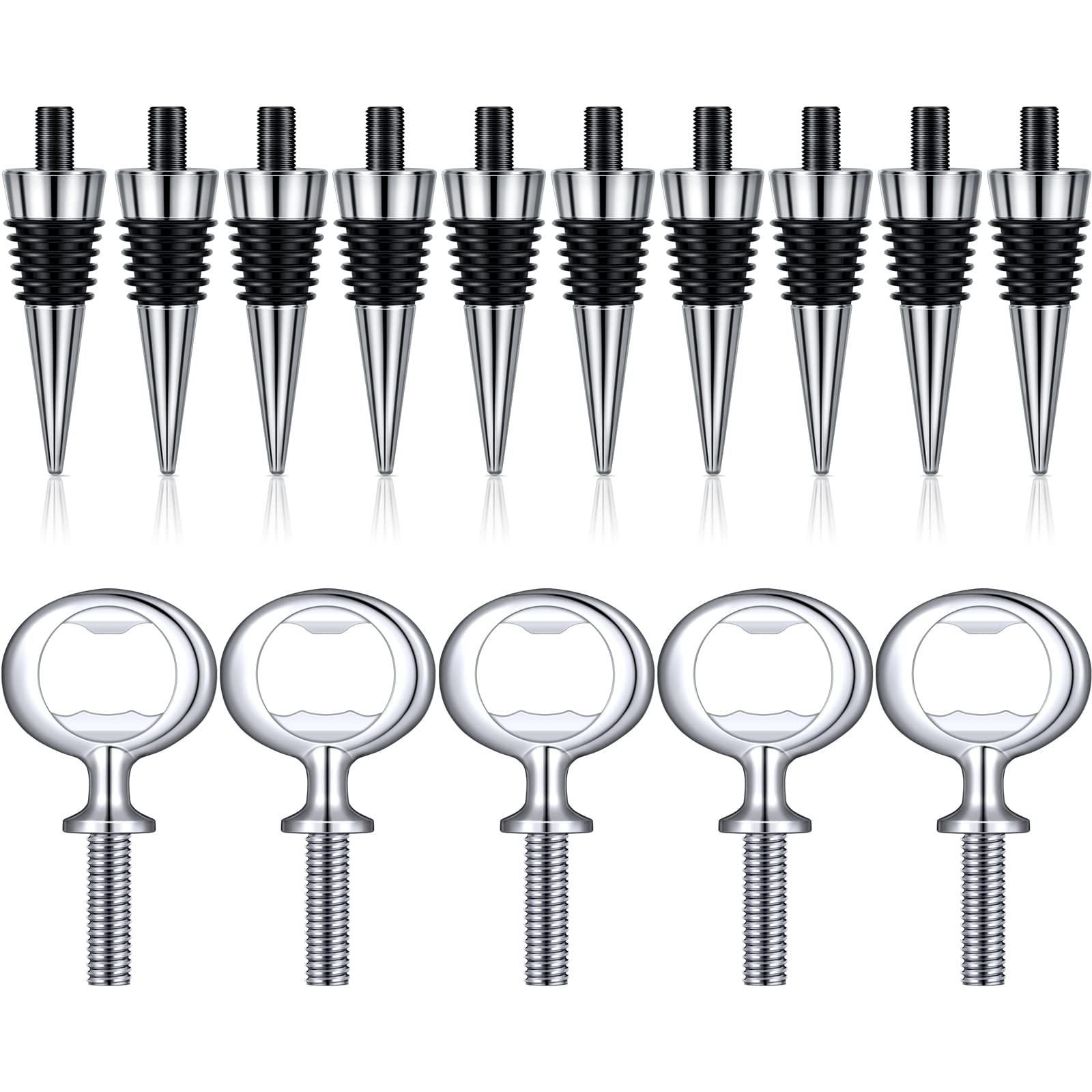 Photo 1 of 10 Pcs Metal Wine Stopper and 5 Pcs Blank Stainless Steel Bottle Opener Chrome Bottle Stopper Bottle Opener Inserts Set Hardware for Wedding Wine Party Wood Turning DIY Project Craft (Silver)