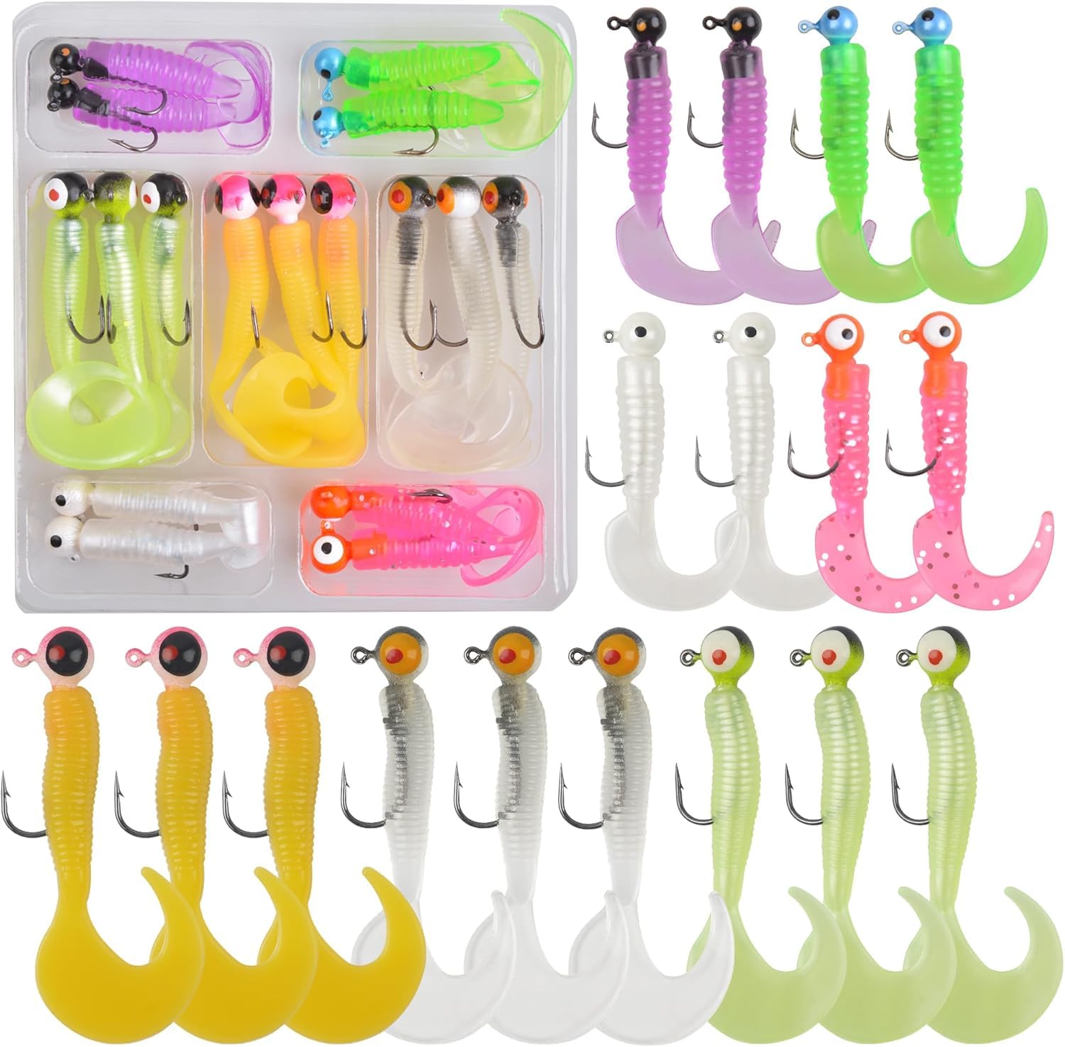 17pcs/lot Soft Fishing Lures Kits Jig Head Hooks Grub Worm Soft Baits Shads Silicone Fishing Tackle Set