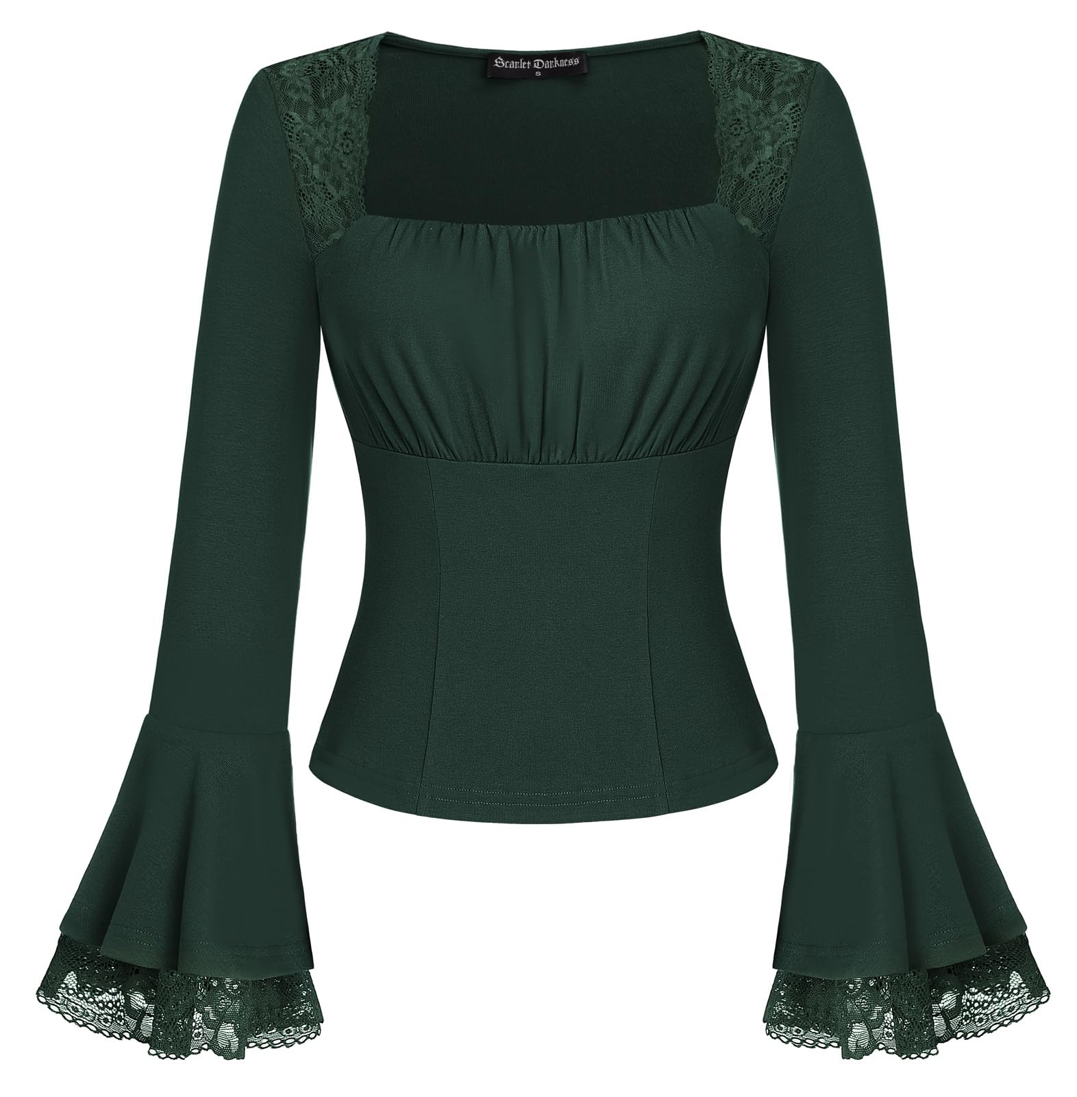 SCARLET DARKNESS Renaissance Shirts Lace Square Neck Medieval Pirate Costume Long Bell Sleeve Party Tops for Women UK Dark Green XXL — image 1