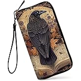 GFRGTFHYT Womens Wallet, Large Capacity RFID Blocking PU Leather Wristlet Wallets for Women Ladies Men Credit Card Holder Zipper Wallet Phone Holder Clutch Travel Purse, Crow and Magic Book Vintage