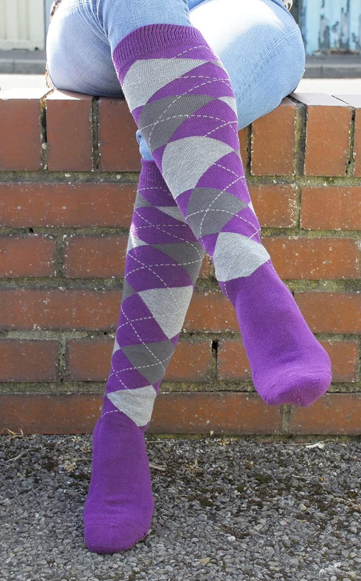 Rhinegold Womens Horse Riding Socks with Reinforced Cushioned Soles - Purple/Grey - Equestrian Knee High Socks for Women - Ladies Knee Length Socks with Hygenic Antimicrobial Properties