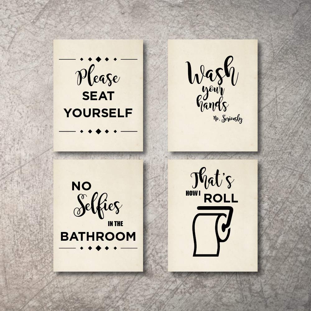 Bathroom Decor Wall Art 4 Prints NO Selfies in Bathroom Signs Set NOT Framed - Funny Artwork Decoration Pictures for Bath Home Farmhouse Country Fun Rustic bathrooms Quotes decore Cute Decor (8x10)