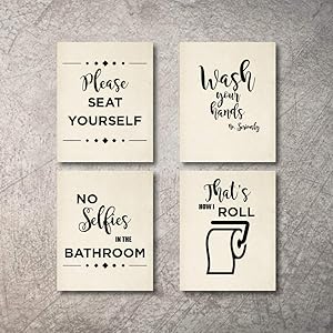 Bathroom Decor Wall Art 4 Prints NO Selfies in Bathroom Signs Set NOT Framed - Funny Artwork Decoration Pictures for Bath Home Farmhouse Country Fun Rustic bathrooms Quotes decore Cute Decor (8x10)
