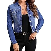 Tegmow Women Trendy Jean Jacket Stretchy Cropped Denim Jacket Long Sleeve Button Down Denim Coat