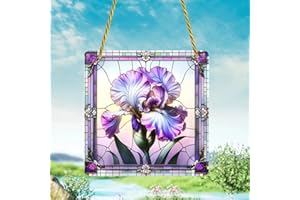 GENERIC Purple Iris Stained Window Hanging Ornament, Square Shaped Moon Garden Stained Acrylic Double-Sided Printed Window Panel, Great Gift for Mom Grandma for Birthday Mother's Day or Housewarming