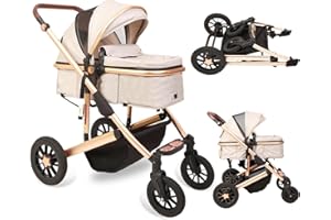 Trenana 2 in1 Baby Stroller,High Landscape Infant Stroller,Reversible Bassinet Stroller,Adjustable Backrest & Canopy,Foldable Aluminum Alloy Anti-Shock Stroller for Newborn(Gold-White)