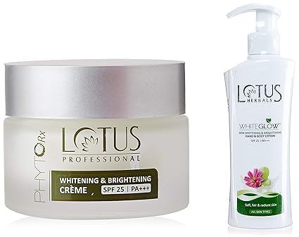 Lotus Professional Phyto Rx Whitening And Brightening Creme, SPF 25 PA+++, 50g and Lotus Herbals White Glow Skin Whitening and Brightening SPF-25 Hand and Body Lotion, 300ml