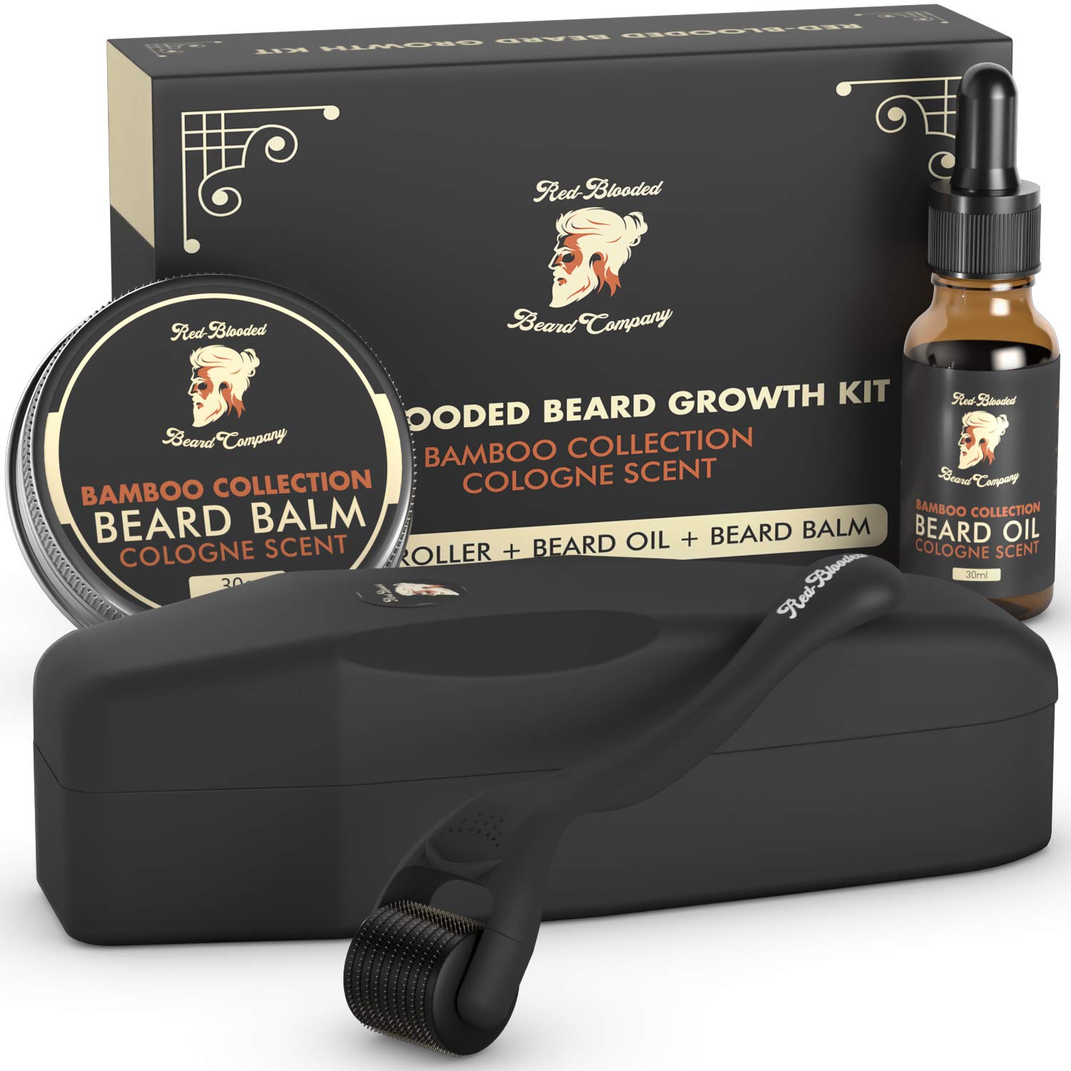 Red-Blooded Beard Growth Kit - Beard Roller + Beard Oil + Beard Balm - Stimulate Beard and Hair Growth with this Cologne Scented Beard Care Gift for Men - 0.5mm Derma Roller for hair Beard Regrowth