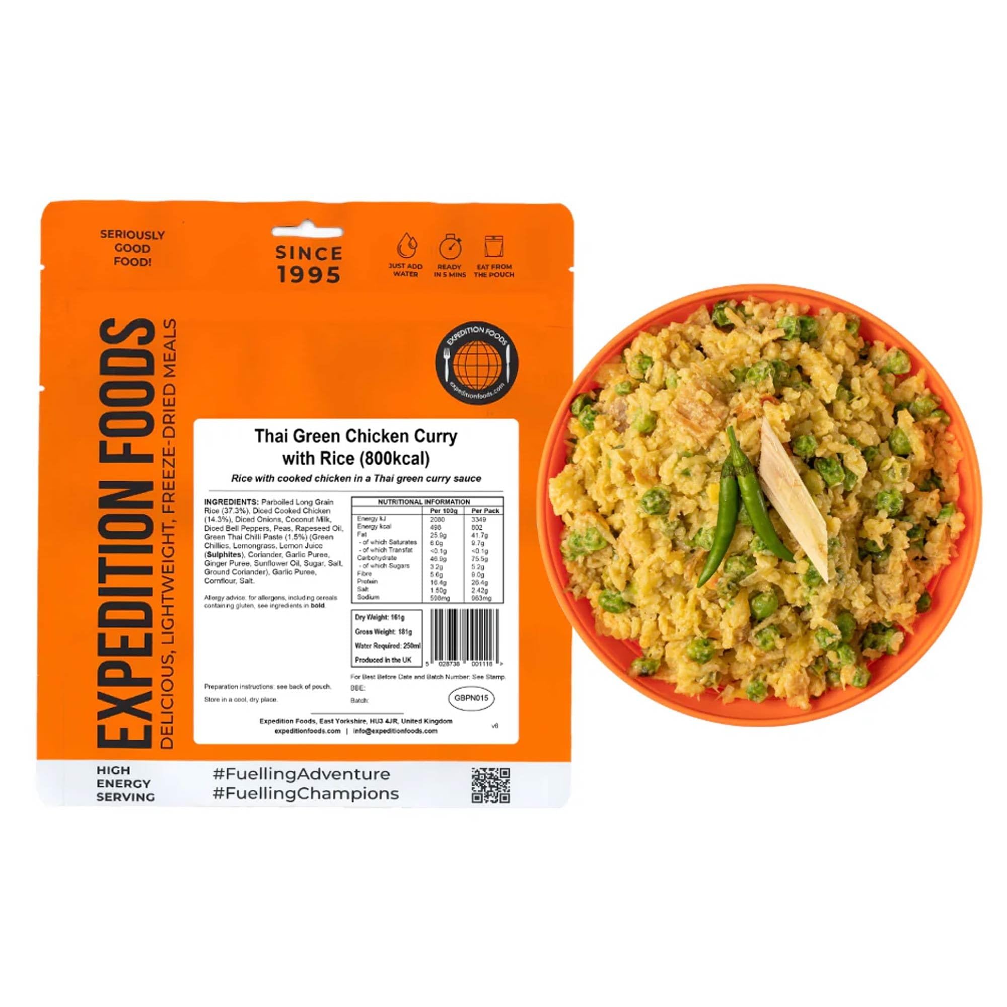 EXPEDITION FOODS Thai Green Chicken Curry with Rice (High Energy Serving / 800KCAL) | Freeze-Dried Camping & Hiking Food
