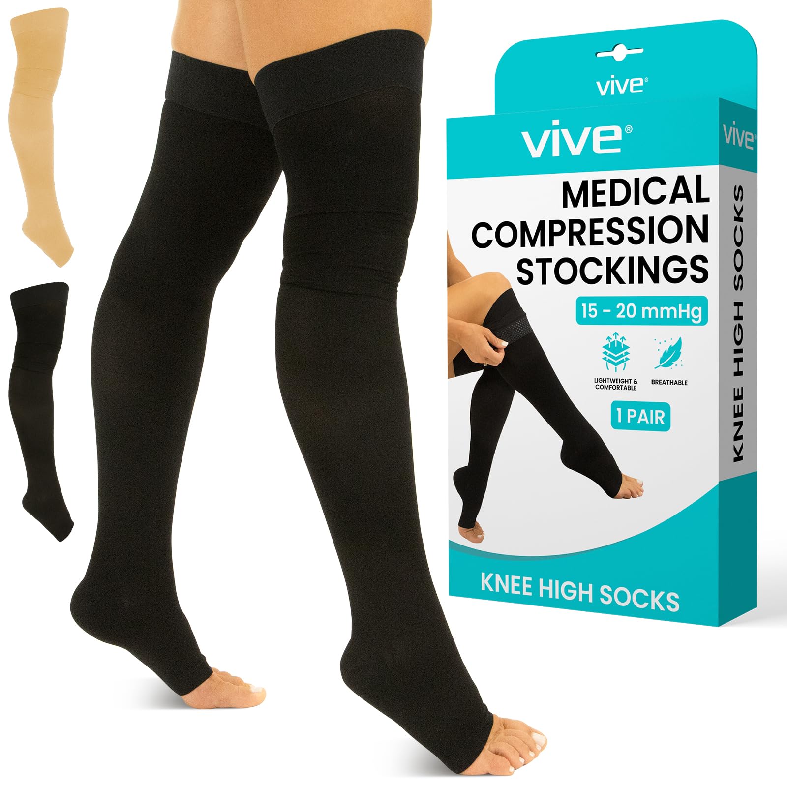 Vive Thigh High Compression Socks Women 15-20 mmHg - Stockings for Women Men - Varicose Veins Treatment for Legs - Medical Open Toe Leg Sleeve for Circulation- DVT Prevention