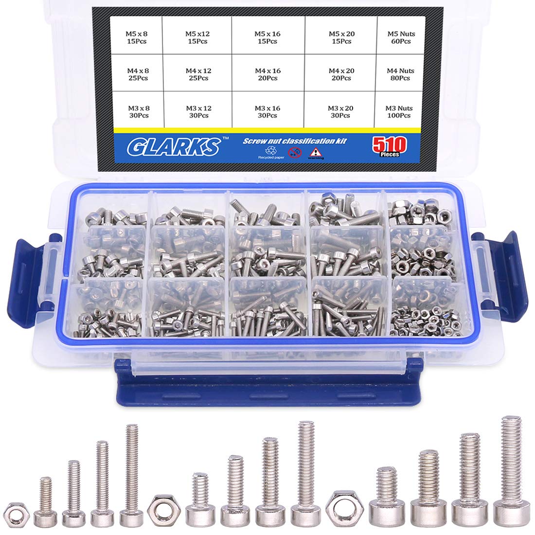 Glarks 510Pcs M3 M4 M5 304 Stainless Steel Hex Socket Head Cap Screws With Nuts Assortment Kit