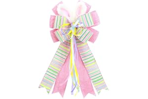 anshome Large Easter Bow for Wreath, Pink Farmhouse Burlap Fabric Wreath Bow with Bunny Ears for Front Door Colorful Stripe Tree Topper Ornament Decor Bow with String for Spring Holiday Party