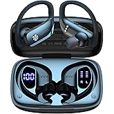 bmani Ear Buds Wireless Earbuds Bluetooth Headphones with 80H Playtime LED Display Case, Over-Ear Hook with Mic, Stereo Sound, Easy Button Controls, Sports Earphones for Running Workout Gym Black
