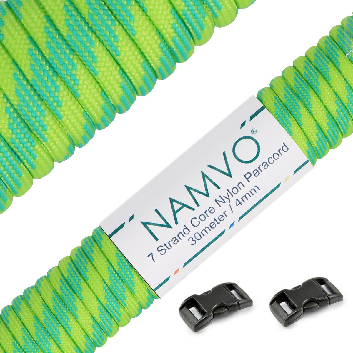Namvo Paracord 4mm,100ft, Paracord 550 7Core, Fluorescent Paracord, Tear Resistant, 100% Nylon, Versatile Type III Specification, Holds 250kg, Ideal for Outdoor Survival Camping，green + blue