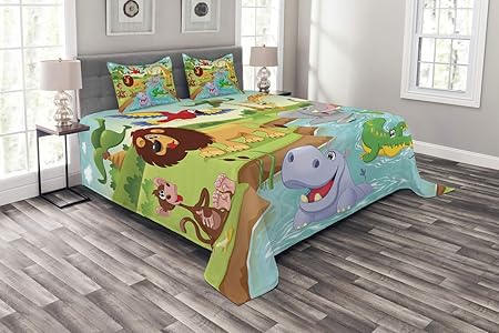 ABAKUHAUS Kinder Tagesdecke Set, Safari afrikanische Tiere, Set mit Kissenbezügen Mit Digitaldruck, für Doppelbetten 220 x 22