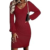 Sidefeel Womens 2025 Fall Winter Ribbed Knit Sweater Dress Casual Long Sleeve Sexy V Neck Bodycon Mini Dress