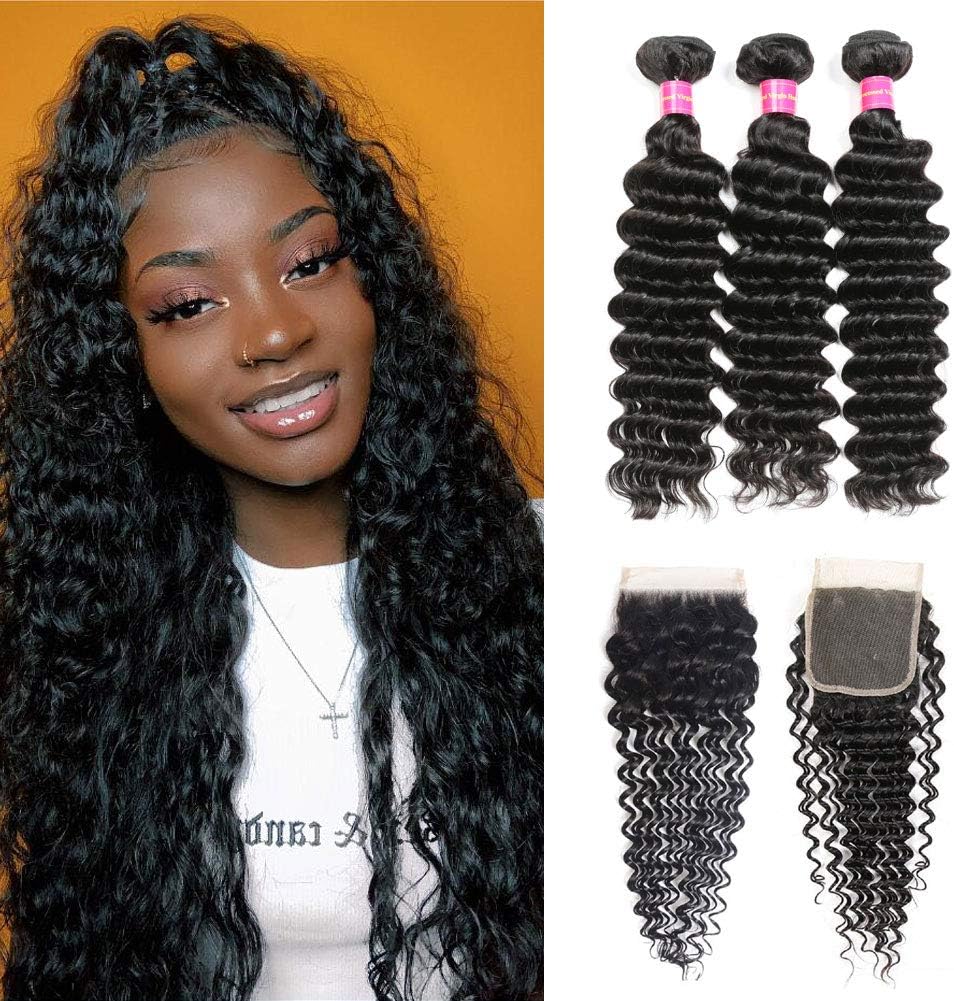 Brazilian Human Hair Deep Wave Bundles with Closure, Premium 8A+ Virgin Hair Curly Weave Extensions, 100% Unprocessed Human Hair Bundles with Closure 4x4 Free Part Natural Black (16"18"20"+14")