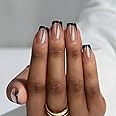 BTArtbox Press on Nails Short Square - Black Chrome French Tip Press On Nails, Glazed Glue On Nails for Women Gifts, Natural Stick On Nails in 15 Sizes - 30 Fake Nails Kit, Braveheart