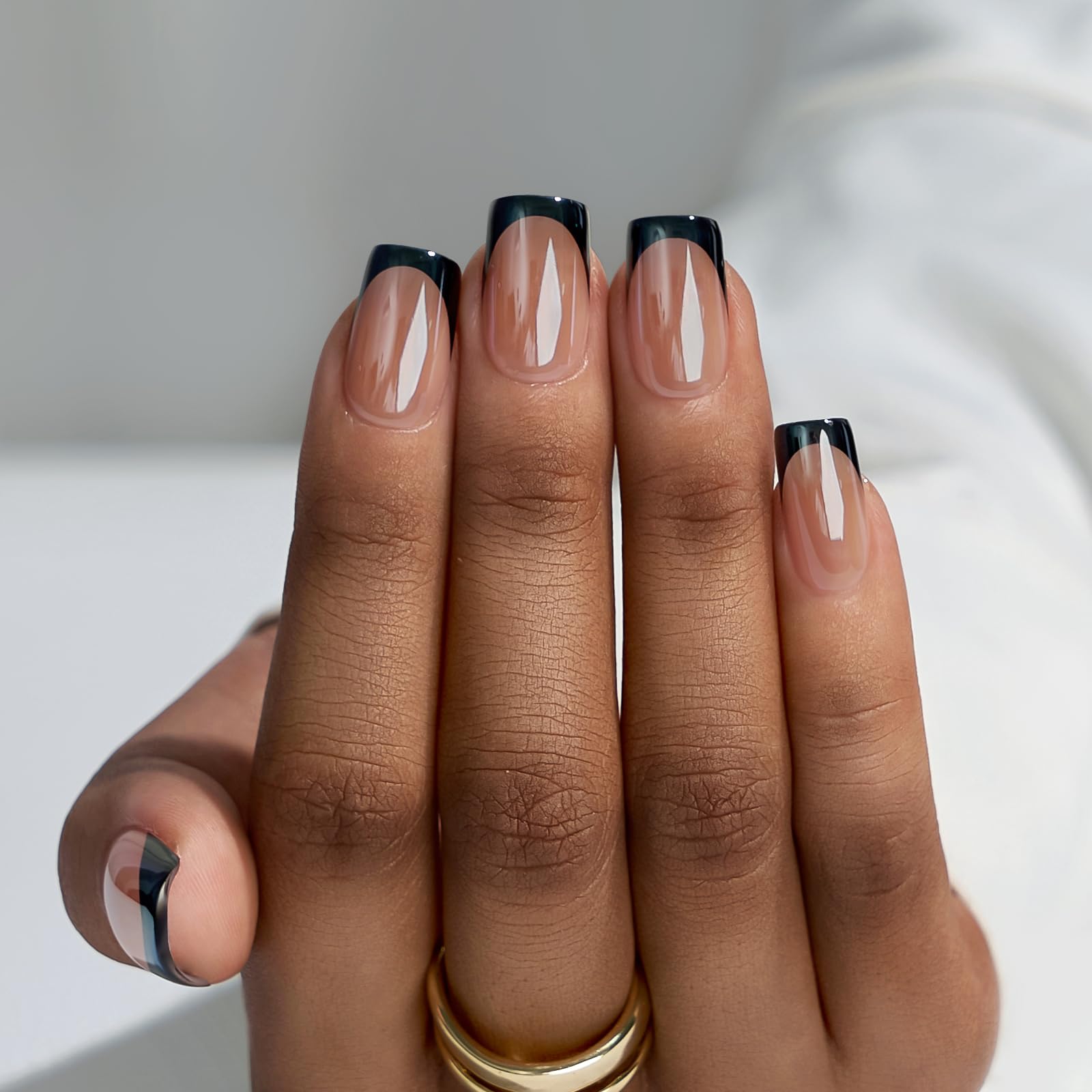 Photo 1 of BTArtbox Press on Nails Short Square - Black Chrome French Tip Press On Nails, Glazed Glue On Nails for Women Gifts, Natural Stick On Nails in 15 Sizes - 30 Fake Nails Kit, Braveheart