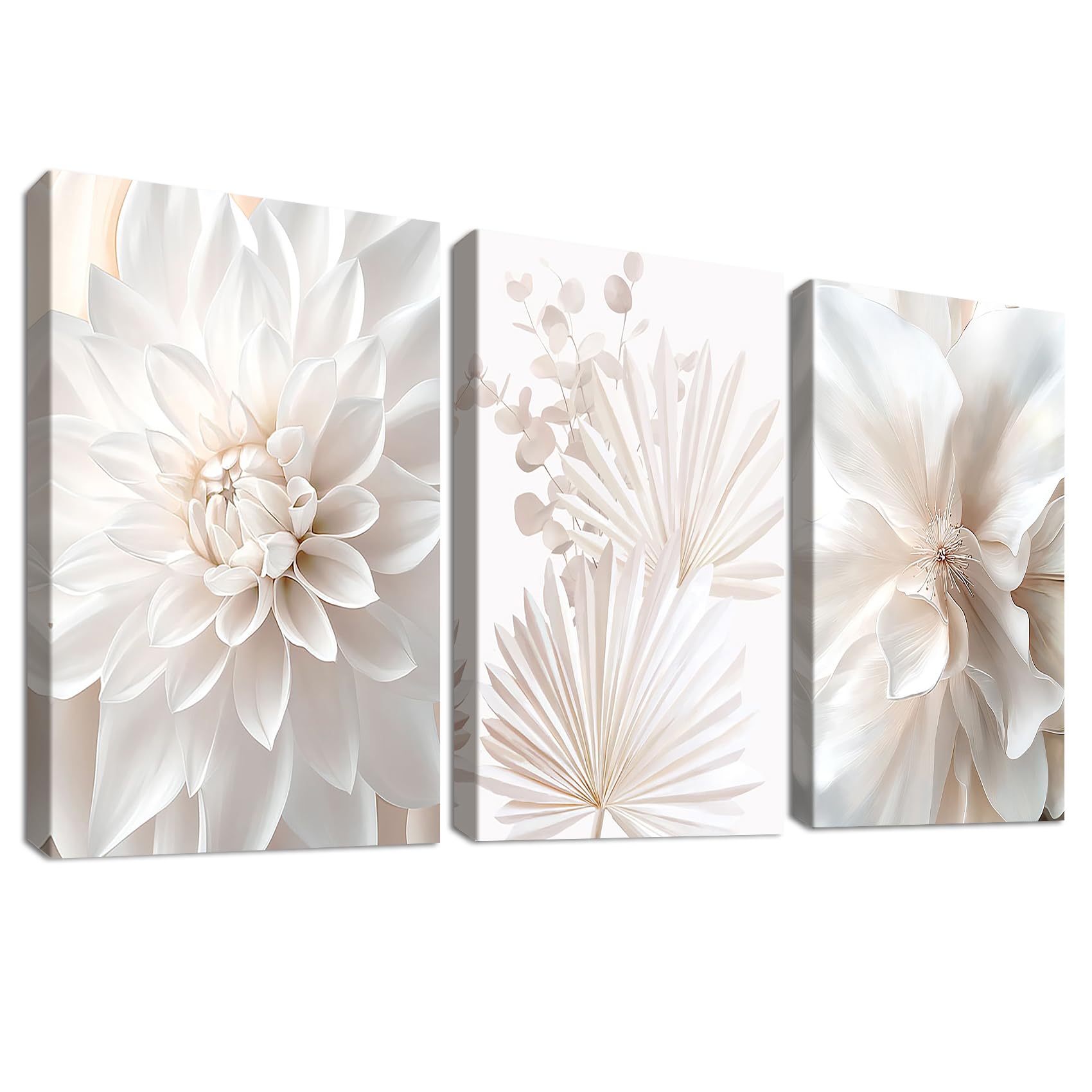 3Pcs Wooden Framed Canvas Wall Art White Lotus Peony Palm Leaves Canvas Prints Boho Minimalist Flower Pictures for Living Room Bedroom Kitchen Hallway Stairs Wall Decor 90x40cm(12"x16"x3pcs) — image 1